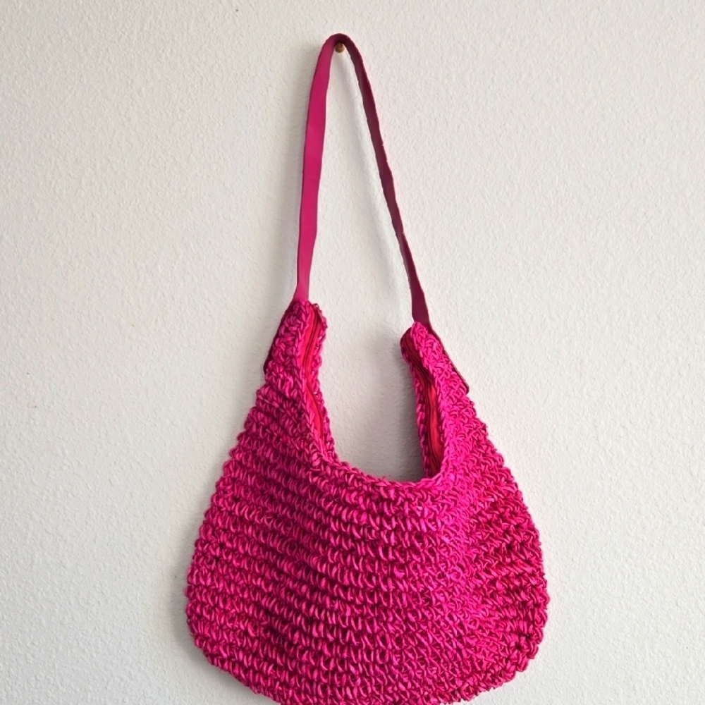 Large Pink Woven Hobo Shoulder Bag Resortwear Vacation Colorful